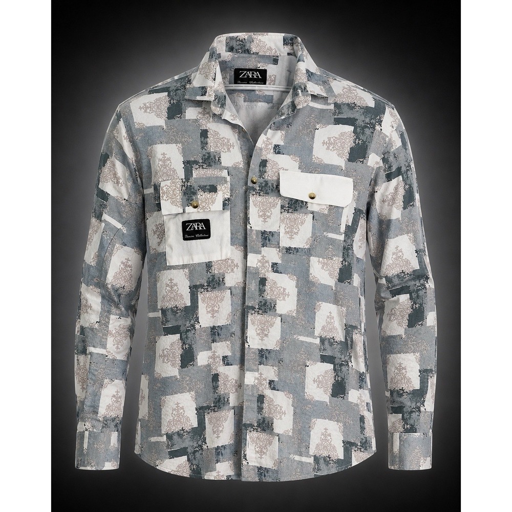 Zara Denim Collection Men's Slim Fit Button Up Shirt XL Grey Pink Abstract